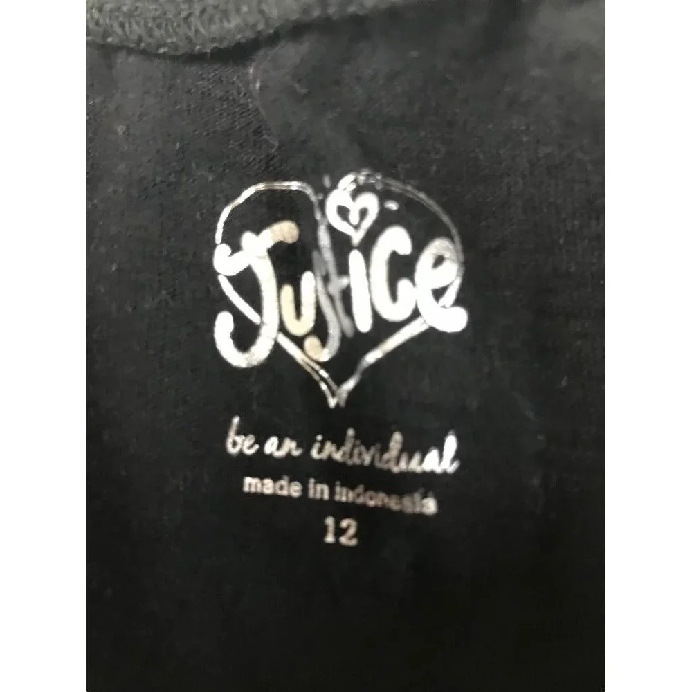 12 Justice Gir's Black Tshirt Heart Flowers Tie Sides Boho Look